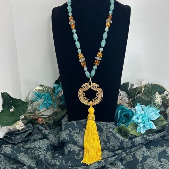 Jadeite Gemstones Tassel Necklace 12" Blue Gold-tone Chinese Zodiac Medallion - Picture 5 of 14